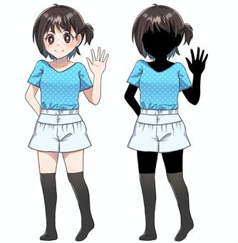 女子小学生　シルエット 女の子,子供,ニーハイ,立ち絵,かわいい,trpg,シルエット,tシャツ,ショートパンツ,靴下のイラスト素材