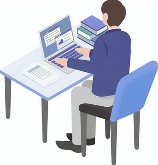 Illustration of a man doing desk work, male, desk work, pc, JPG, PNG and AI