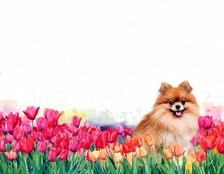 Pomeranian and tulip frame, JPG Pomeranian and tulip frame, dog, animal, pomeranian, JPG