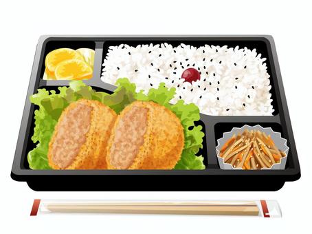 メンチカツ弁当 メンチカツ,弁当,昼食,料理,食べ物,揚げ物,ご飯,梅干し,ごま,レタスのイラスト素材