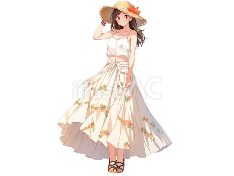 麦わら帽子をかぶったかわいい女性 女性,麦わら帽子,スカートのイラスト素材
