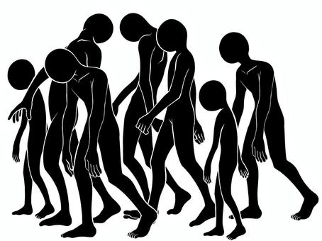 横に歩いていくホラーな人影の集団 人物,人影,ホラー,集団,歩く,横向き,たくさん,黒色,一色,全身のイラスト素材