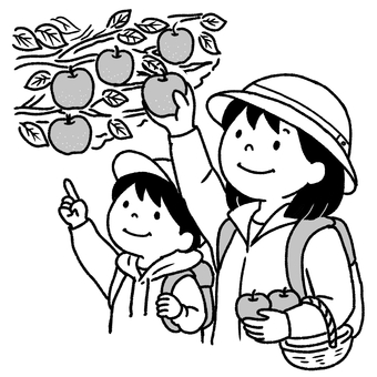 りんご狩りをする親子 親子,母子,母親,女性,子供,男の子,少年,幼児,児童,小学生のイラスト素材
