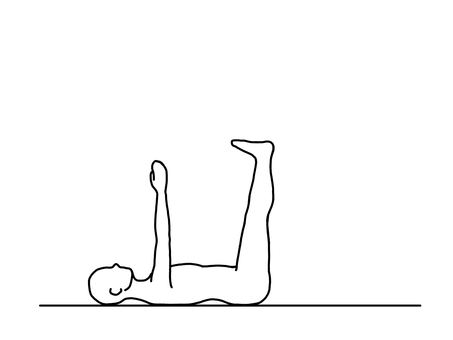 仰向けで腕と両足を伸ばして上げる人 臥位,仰向け,挙手,エクササイズ,横向き,線画,白黒のイラスト素材