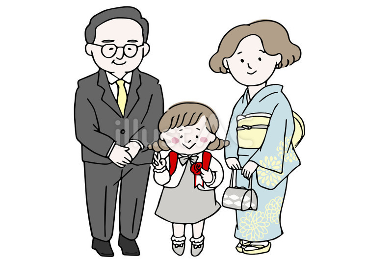 入学式で記念撮影する3人家族 笑顔,人物,かわいいのイラスト素材