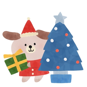 クリスマスツリーと犬 クリスマス,ツリー,犬,プレゼント,動物,サンタ,帽子,冬,絵本,可愛いのイラスト素材