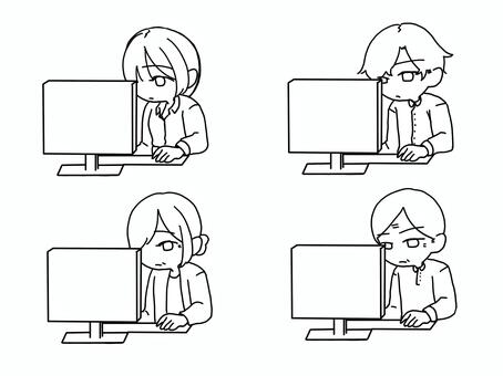 パソコンを操作する老若男女の線画セット パソコン,操作,塗り絵,線画,老若男女,作業,シンプル,白黒,挿し絵,アイコンのイラスト素材