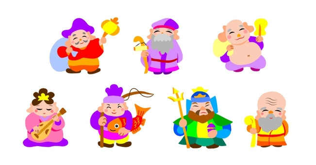 七福神 七福神,恵比寿,大黒天,弁才天,毘沙門天,福禄寿,寿老人,布袋和尚のイラスト素材