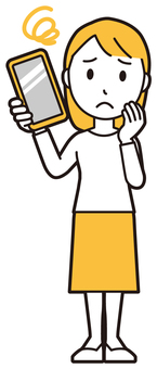  ロングヘア女性(黄)-516-全身 スマホ,困る,女性,女の子,人物,かわいい,悩む,考える,心配,不安のイラスト素材