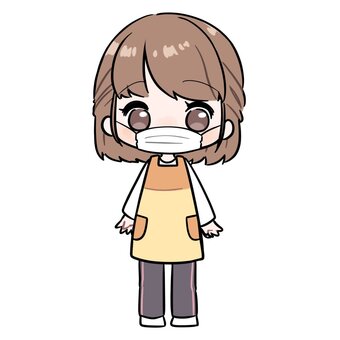 マスクをつけたエプロン姿の女性 女性,主婦,仕事,職業,保育士,人,人物,立ち絵,全身,エプロンのイラスト素材