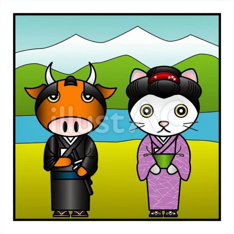 動物アイコン 猫,牛,着物のイラスト素材