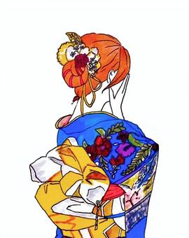 振袖 振袖 振袖,着物,女性,和風,カラフル,鮮やか,青,髪飾り,派手,花柄のイラスト素材