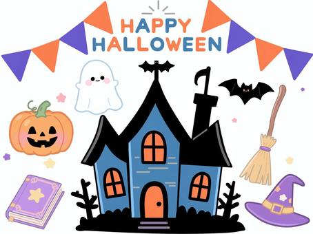 ハロウィンイラストセット ハロウィン,秋,お城,おばけ,ジャックオーランタン,コウモリ,魔女,帽子,ほうき,本のイラスト素材