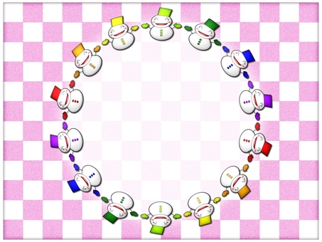 雪だるまのフレ−ム　円　市松模様　ピンク 雪だるま,雪ダルマ,フレーム,ポストカード,メッセージカード,円,丸,サークル,透け感,柄のイラスト素材