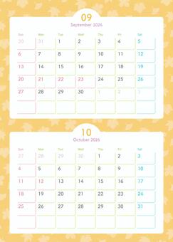 2026年カレンダー9月と10月 秋背景 カレンダー,2026年,2026年カレンダー,2026,9月,10月,9月カレンダー,10月カレンダー,2ヶ月カレンダー,秋のイラスト素材