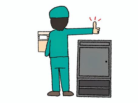 置き配ボックスにサムズアップする配達員 置き配,ボックス,配達員,サムズアップ,宣伝用,お知らせ用,イメージ,pop調,手描き,挿絵のイラスト素材