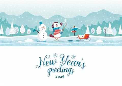 冬の背景イラスト_釣りをする馬_2 冬,年賀状,馬,背景,午年,雪,釣り,水彩,午,ワカサギ釣りのイラスト素材