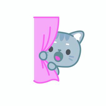 イラスト0155 猫,カーテン,可愛い,動物,ねこ好き,朝,探索,かわいい,くつろぎ,家のイラスト素材