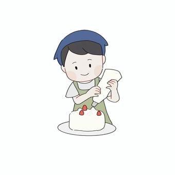 手描き風　ケーキを作る男の子 手描き風,男の子,お菓子作り,ケーキ,生クリーム,ホイップクリーム,イチゴ,バンダナ,エプロン,フリーのイラスト素材