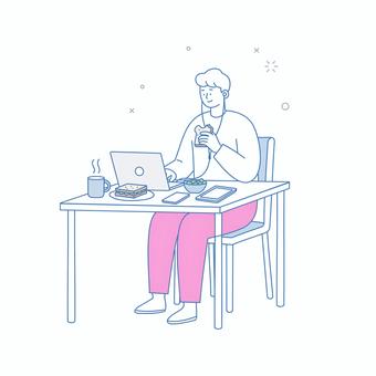 食事をしながらパソコン作業をする男性 人物,男性,ビジネス,デスク,作業,パソコン,食事,コーヒー,サンドイッチ,在宅のイラスト素材
