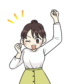 ガッツポーズするお団子頭の女性 人物,ガッツポーズ,やる気,元気,握りこぶし,ポーズ,ウインク,お団子,笑顔,茶髪のイラスト素材