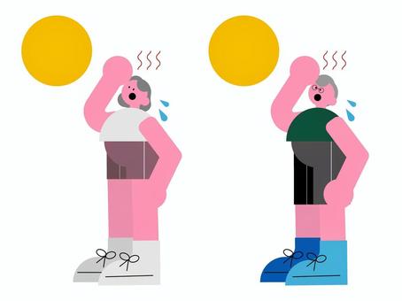 日光で暑くなるシニア男女 日光,日焼け,熱中症,暑い,夏,汗,スポーツウェア,運動,男性,女性のイラスト素材