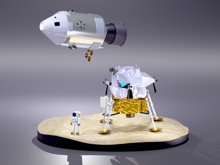 乗り物と風景CGイラスト_月面着陸2 月,月面,着陸,宇宙船,宇宙飛行士,アポロ計画,アポロ,月着陸船,サターンロケット,司令船のイラスト素材