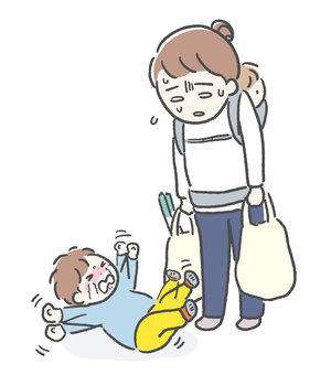 癇癪を起こしている子と困るママ１ 癇癪,地団駄,泣き喚く,イヤイヤ期,子ども,ママ,泣く,叫ぶ,大泣き,寝転ぶのイラスト素材