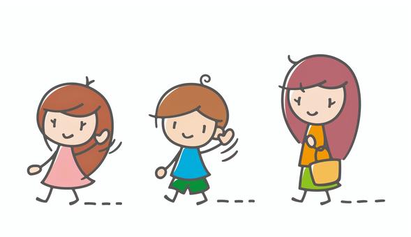 家族イラスト　歩き 家族,ファミリー,歩き,ぼく,子供,男の子,女の子,親子,母親,カラーのイラスト素材