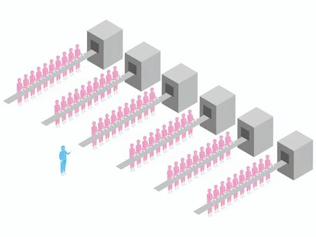 町工場シリーズ 我が社は人海戦術 人物,全身,作業着,製造,ライン,ベルトコンベア,工場,作業員,アイソメ,アイソメトリックのイラスト素材