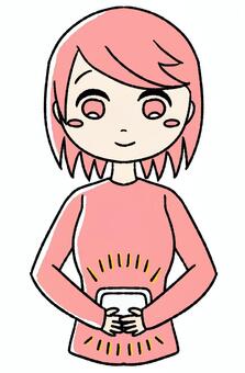 桃色の女の子がお腹にカイロ張る ピンク,手描き,カイロ,貼るカイロ,使い捨てカイロ,温活,冷え対策,防寒,寒さ対策,冬のイラスト素材