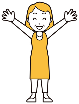  エプロンおばちゃん(黄)-084-全身 ばんざい,おばちゃん,エプロン,お母さん,ママ,中年,おばさん,主婦,人物,かわいいのイラスト素材