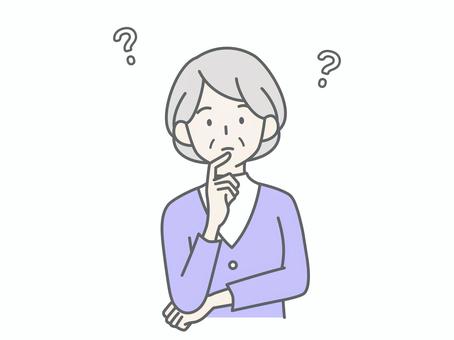 考えるシニア女性 考えるシニア女性 人物,男,エプロン,主夫,保育士,ヘルパー,介護士,疑問,考える,はてなのイラスト素材