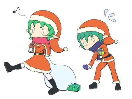 クリスマスプレゼントを届ける妖精たち 妖精,キャラクター,2人組,クリスマス,プレゼント,冬,サンタ衣装,イラストのイラスト素材