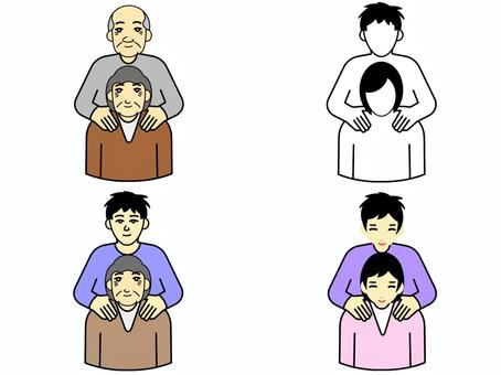 肩もみ 肩もみ,セット,人,人物,男性,女性,親子,孫,息子,母のイラスト素材