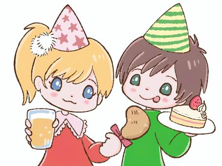 パーティ クリスマス,クリスマスパーティー,パーティー,ご馳走,お祝い,三角帽子,飲み物,ドリンク,チキン,鶏もも肉のイラスト素材