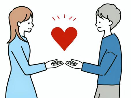 向かい合ってハートを手にする男女 女性,男性,ハート,10代,20代,30代,人,線画,シンプル,カワイイのイラスト素材