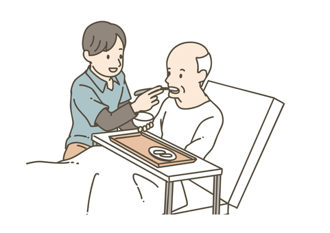 ベッドの高齢男性に食事介助 介護,介助,食事,摂食,スプーン,介護士,ホームヘルパー,高齢者,シニア,男性のイラスト素材