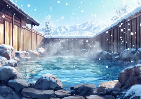 日本の冬の雪が降る露天風呂8