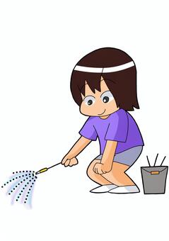 手持ち花火をする女の子（カラー） 花火,子供,女の子,手持ち花火,夏,バケツ,カラーのイラスト素材