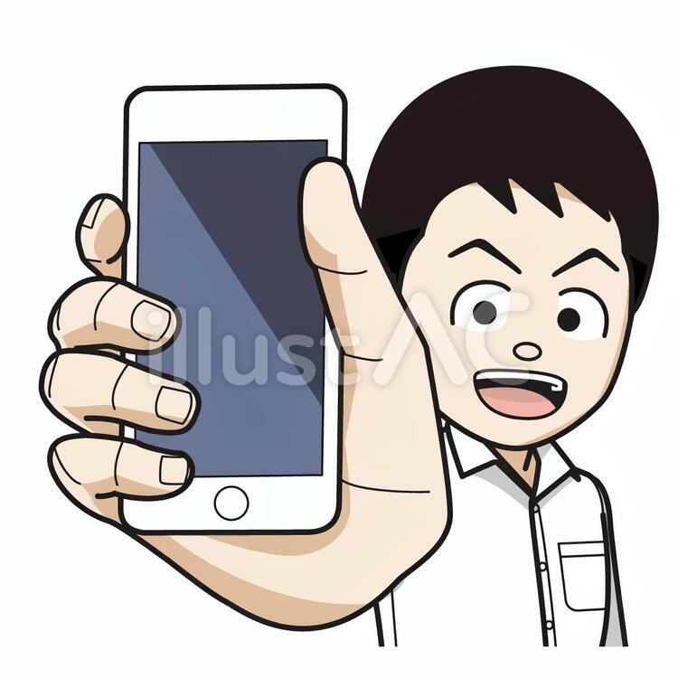 スマホをかざすシャツを着た男性_01 スマホ,人物,真面目のイラスト素材
