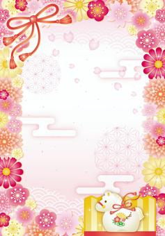 華やかな午年の年賀状フレーム（縦） 年賀状,お正月,干支,午,馬,梅,桜,和,花,キラキラのイラスト素材