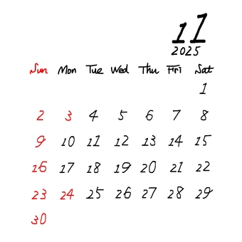 カレンダー2025.11月　祝日赤 2025,11,11月,カレンダー,ひと月,日曜始まり,シンプル,手描き,おしゃれ,暦のイラスト素材