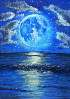 青い満月の夜と光る海面（厚塗り背景） 月夜,ブルームーン,油絵,アナログ,厚塗り,幻想的,夜の海,神秘的,高画質,freeassetのイラスト素材