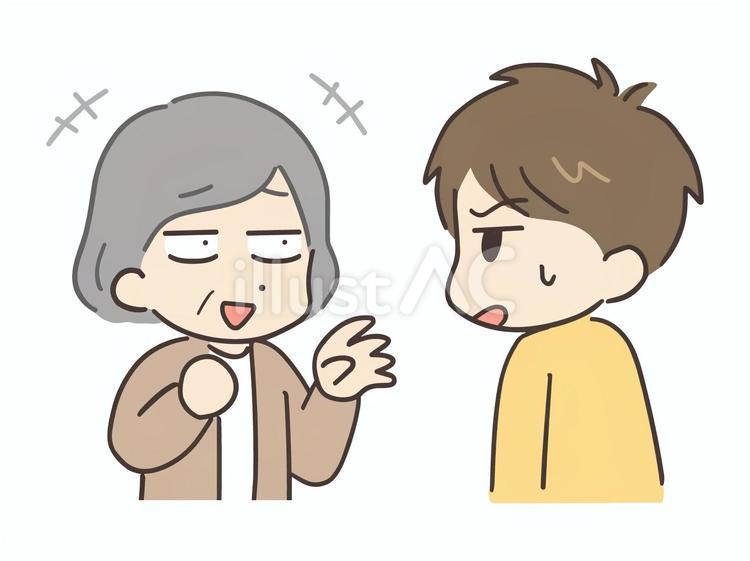 噂好きのおばさんと困っている若い男性 会話,困る,悩むのイラスト素材