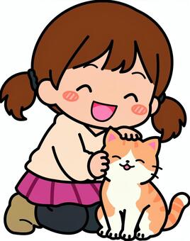 赤の猫好きの女子です。 猫,女子,シンプル,子供,動物,猫好き,ペット,仲良し,ほのぼの,赤のイラスト素材