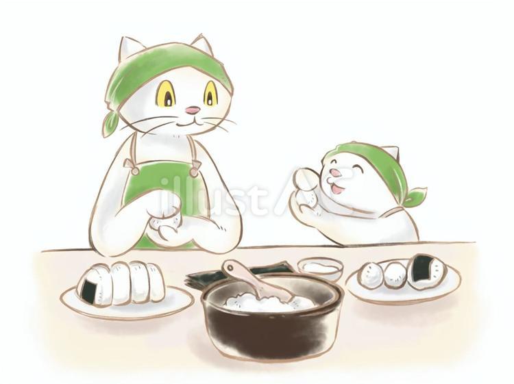 おにぎりを握る親子猫 猫,子猫,おにぎりのイラスト素材
