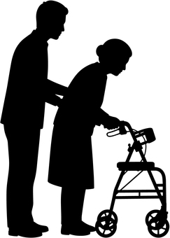 歩行訓練中の介護シルエット 介護,介護士,ヘルパー,歩行,訓練,リハビリ,高齢者,老人,福祉,介護施設のイラスト素材