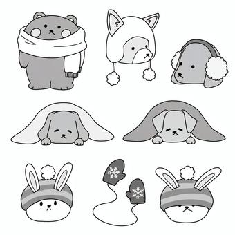 防寒具の動物まとめ(白黒) 防寒具の動物まとめ(白黒) 防寒,防寒具,白黒,マフラー,ニット帽,ニット,編み物,手編み,毛糸,イヤーマフのイラスト素材