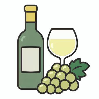 白ワインと白ぶどうのイラストセット 白ワイン,ワイングラス,ワインボトル,ぶどう,房,瓶,アイコン,ワイン,アルコール,酒のイラスト素材